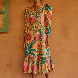 Farm Rio Yellow Orange Flowerdoscopic Midi Casual Maxi Dress